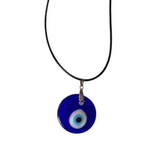 A blue resin evil eye pendant necklace on a black cord, shown against a plain white background.