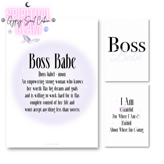Set of three minimalist typography office prints with soft purple accents featuring a Boss Babe definition aura design, a layered quote, and an I Am Grateful affirmation.