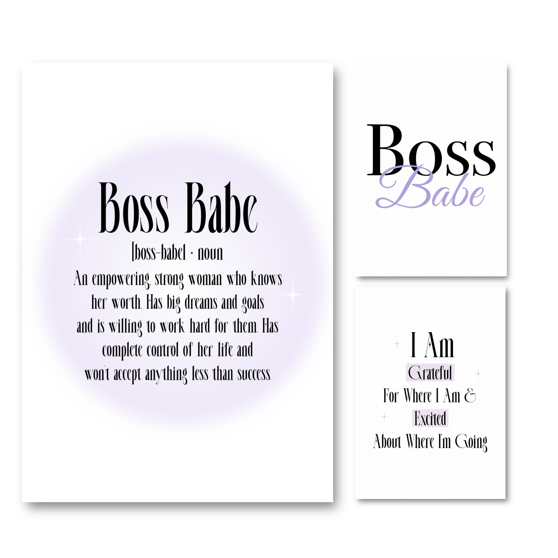 Set of three minimalist typography office prints with soft purple accents featuring a Boss Babe definition aura design, a layered quote, and an I Am Grateful affirmation.