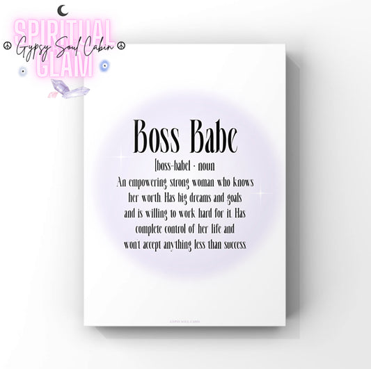 Minimalist A4 office wall art print featuring a soft purple aura gradient background with a black stylised dictionary definition for the phrase Boss Babe.