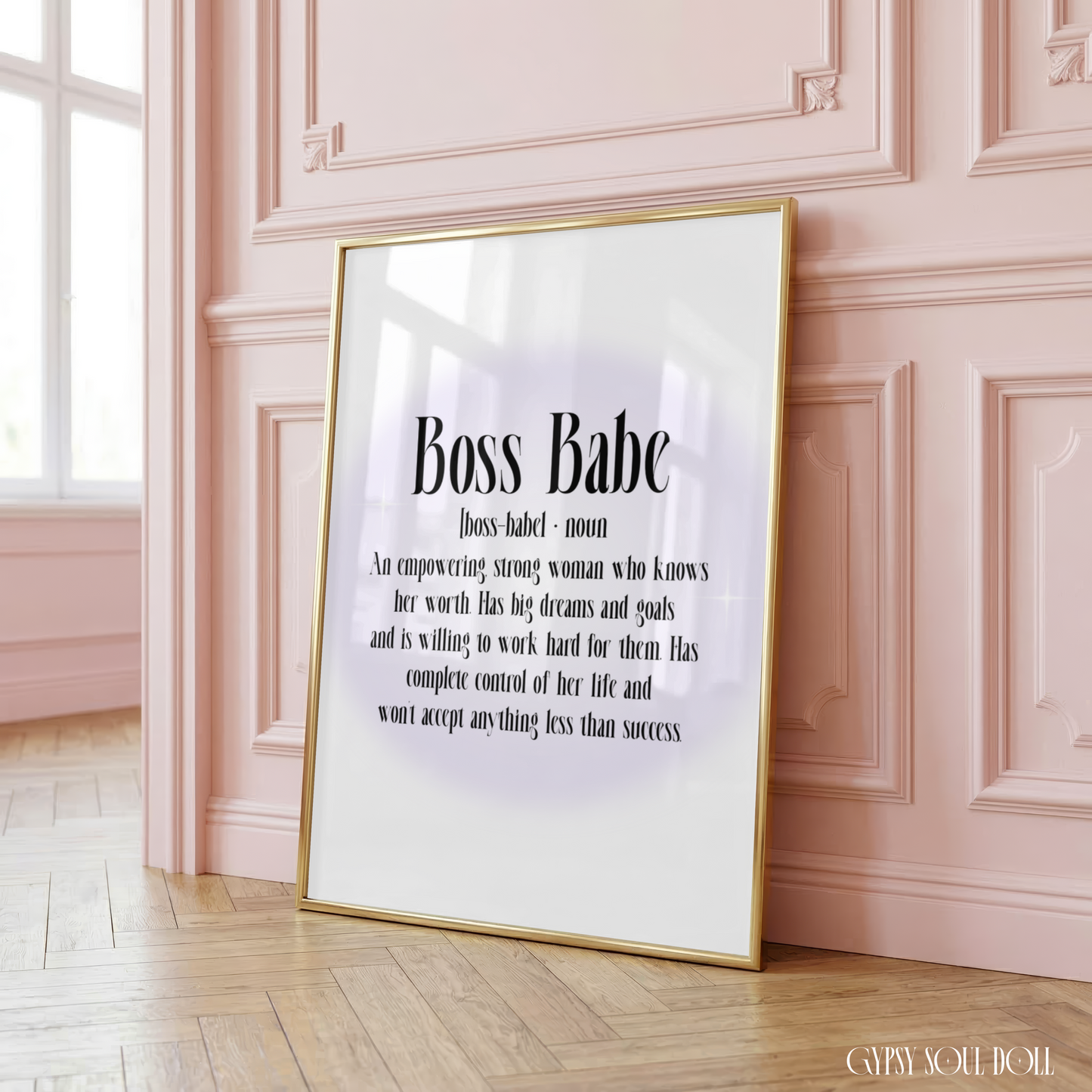 Minimalist A4 office wall art print featuring a soft purple aura gradient background with a black stylised dictionary definition for the phrase Boss Babe.