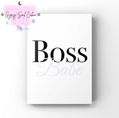 Chic A4 fashion typography wall art print displaying the word Boss in bold black serif text with the word Babe written in elegant, soft purple cursive script layered underneath.