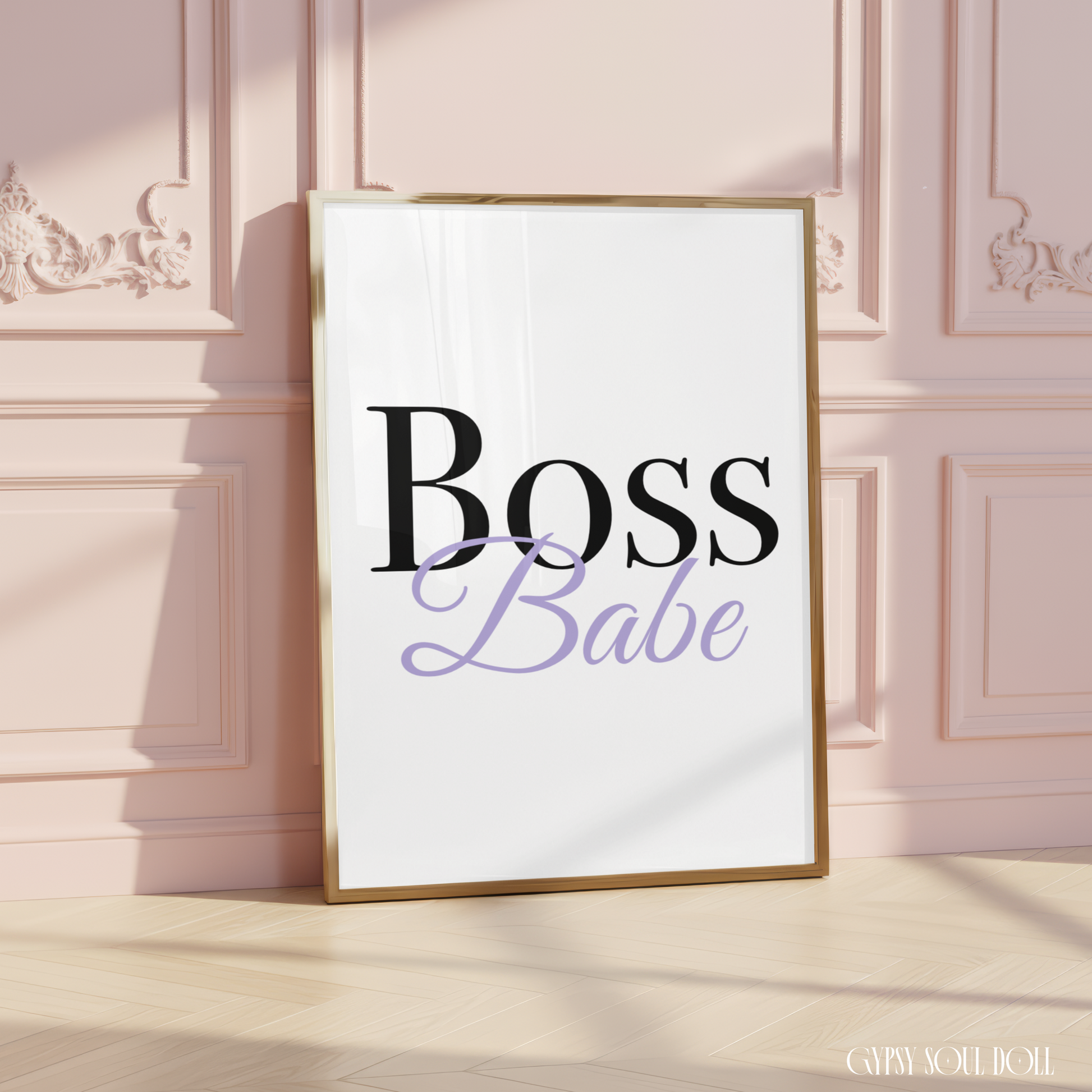 Chic A4 fashion typography wall art print displaying the word Boss in bold black serif text with the word Babe written in elegant, purple cursive script layered underneath.