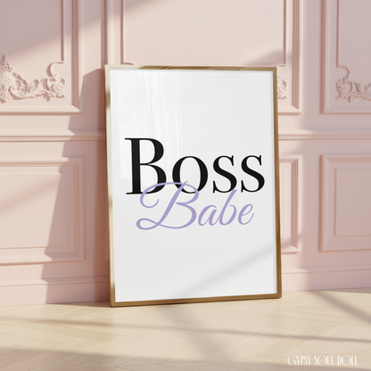 Chic A4 fashion typography wall art print displaying the word Boss in bold black serif text with the word Babe written in elegant, purple cursive script layered underneath.