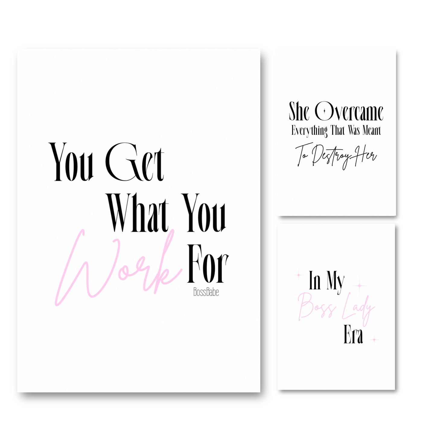 Set of three minimalist black and white typography prints with pink script accents featuring motivational girl boss quotes and independent woman affirmations.
