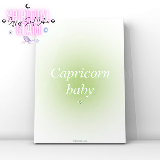 Gypsy Soul Cabin Capricorn baby green gradient aura art print with aesthetic spiritual typography and a vibrant green energy design.