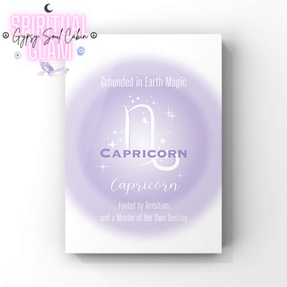 Minimalist A4 astrology wall art print featuring a soft purple aura background with a white Capricorn symbol and gothic typography reading Grounded in Earth Magic, Fueled by Ambition, and a Master of Her Own Destiny.