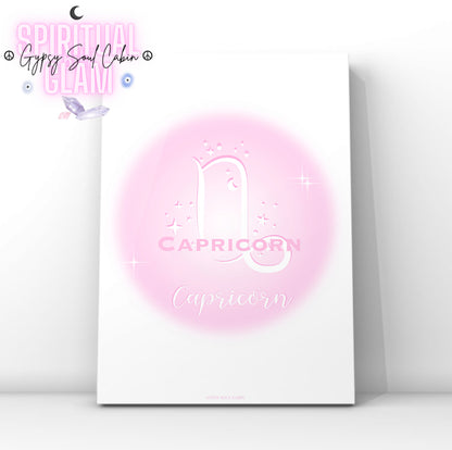 Minimalist aesthetic pink aura print featuring the Capricorn zodiac sea-goat glyph centred with celestial stars and Y2K sparkles.