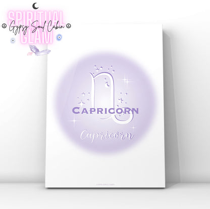 Minimalist aesthetic purple aura print featuring the Capricorn zodiac sea-goat glyph centred with celestial stars and Y2K sparkles.