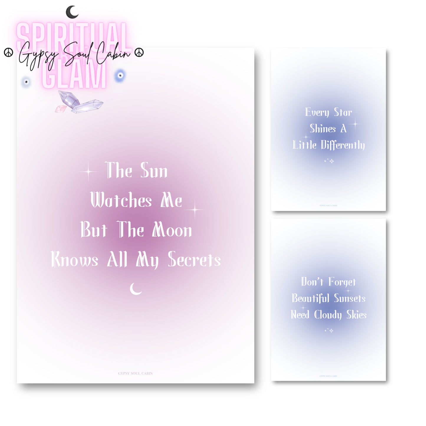 Set of three minimalist celestial wall art prints featuring colourful blue, purple, and periwinkle aura gradient backgrounds with bold white gothic typography quotes.