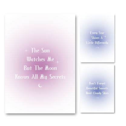 Set of three minimalist celestial wall art prints featuring colourful blue, purple, and periwinkle aura gradient backgrounds with bold white gothic typography quotes.