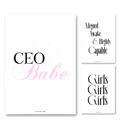 Three minimalist typography prints, including CEO Babe with pink script text, Aligned Awake and Highly Capable, and Girls Girls Girls.