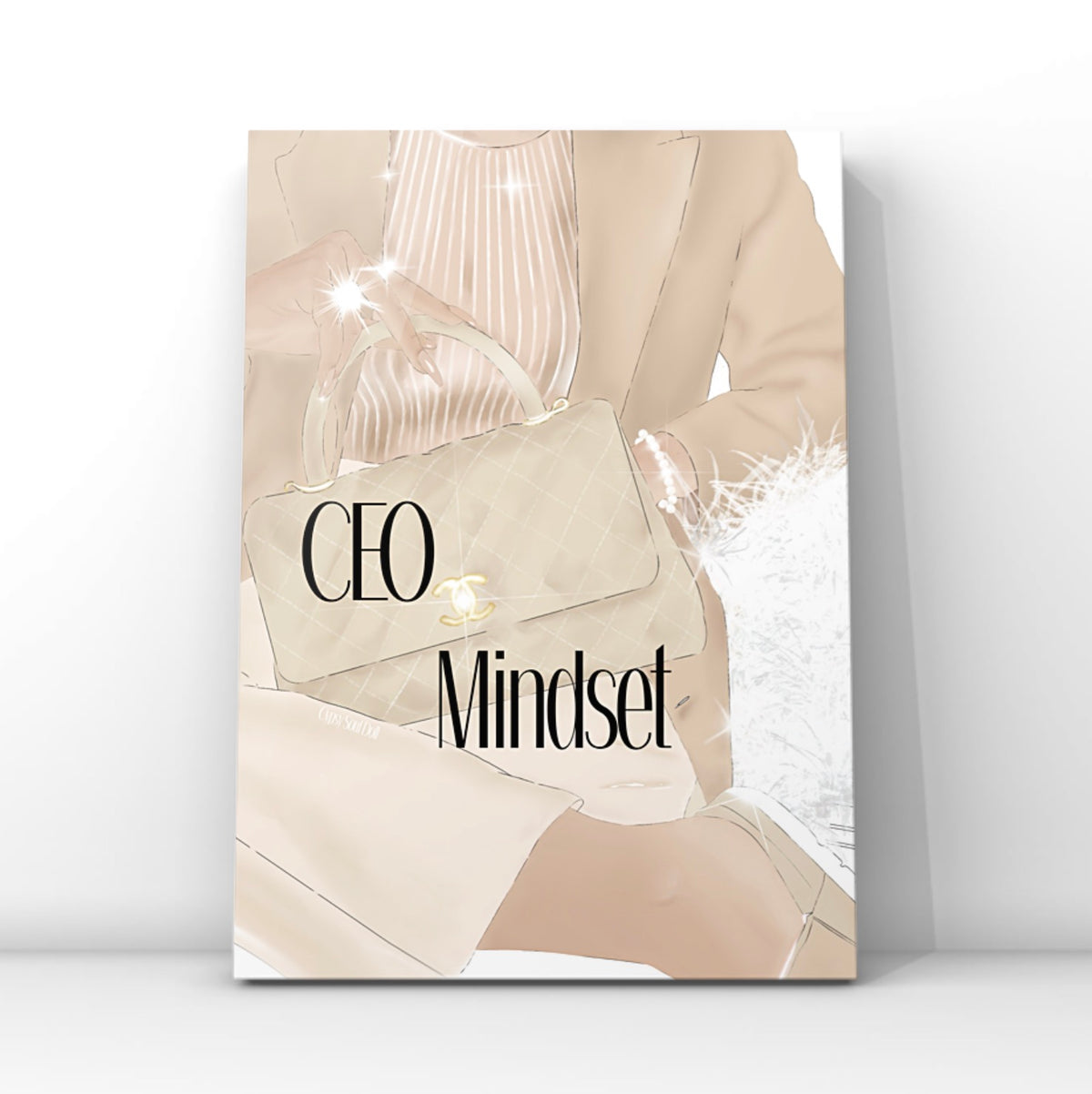 A vertical poster print featuring a fashion illustration of a lady in beige clothing holding a matching cc logo handbag, with the text 'CEO Mindset' overlaid on the artwork by Gypsy Soul Doll. The print is shown leaning against a white wall on a light grey floor.