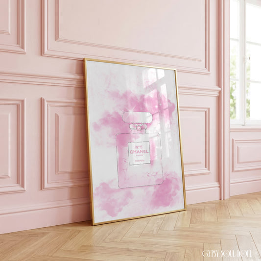 Glamorous A4 fashion wall art print featuring a pink Chanel perfume bottle design with subtle sparkles on a white background.