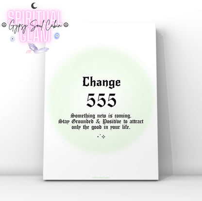 Minimalist A4 spiritual wall art print featuring a soft green aura gradient background with bold black gothic typography reading Change 555 and an energetic shift message block.