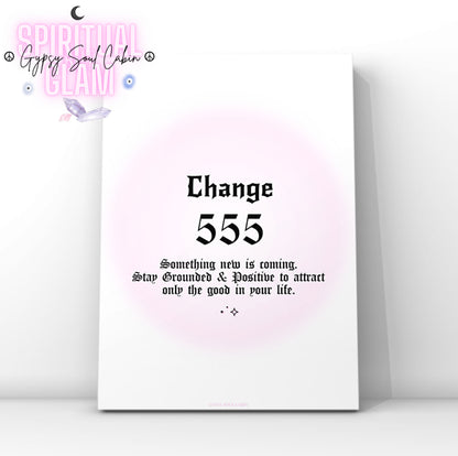 Minimalist A4 spiritual wall art print featuring a soft pink aura gradient background with bold black gothic typography reading Change 555 and an energetic shift message block.