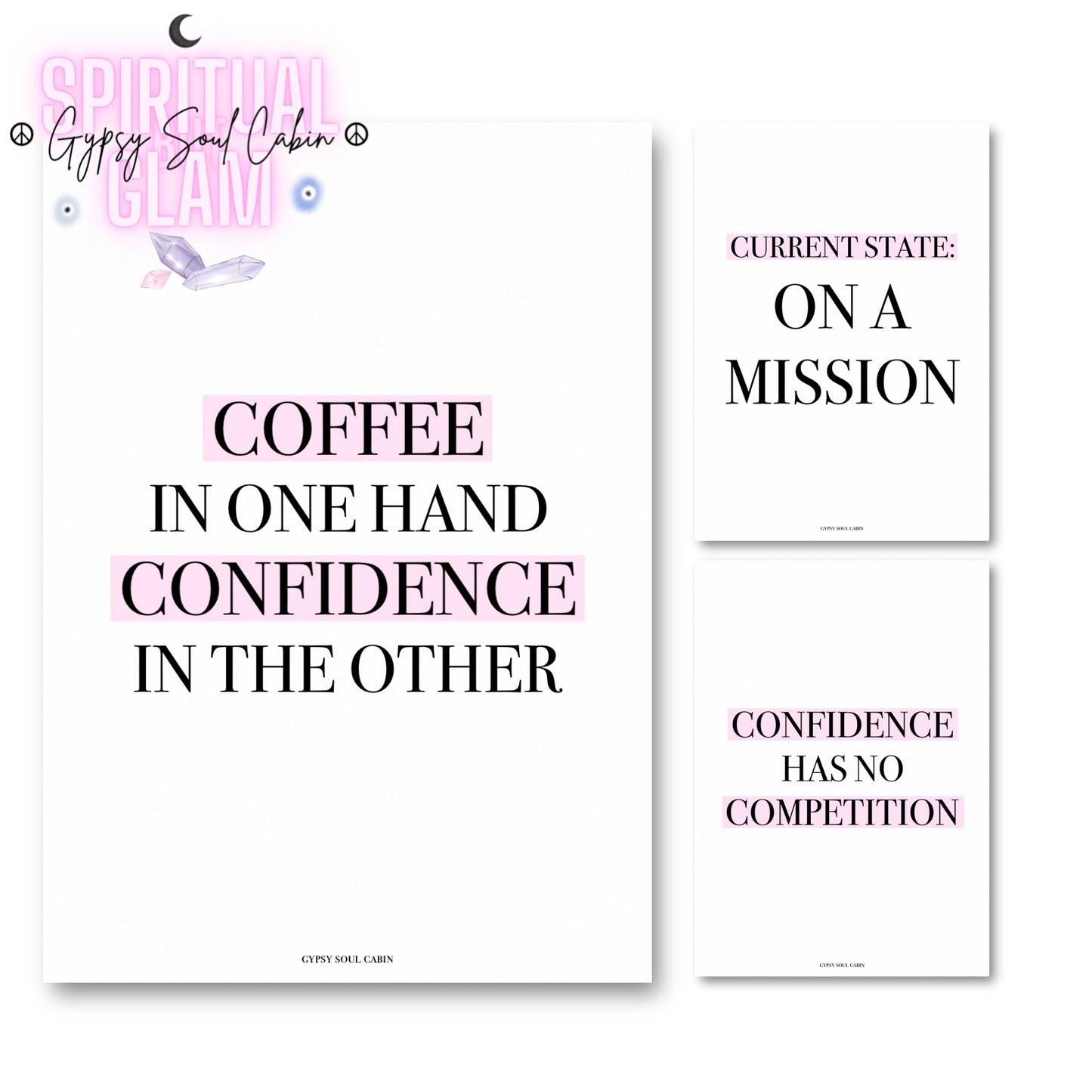 Set of three minimalist black-and-pink A4 typography wall art prints featuring empowering hustle quotes and confidence affirmations for women.