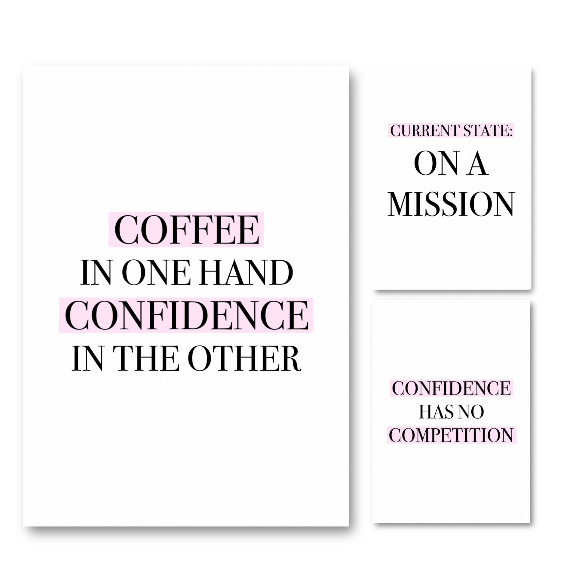 Set of three minimalist black-and-pink A4 typography wall art prints featuring empowering hustle quotes and confidence affirmations for women.