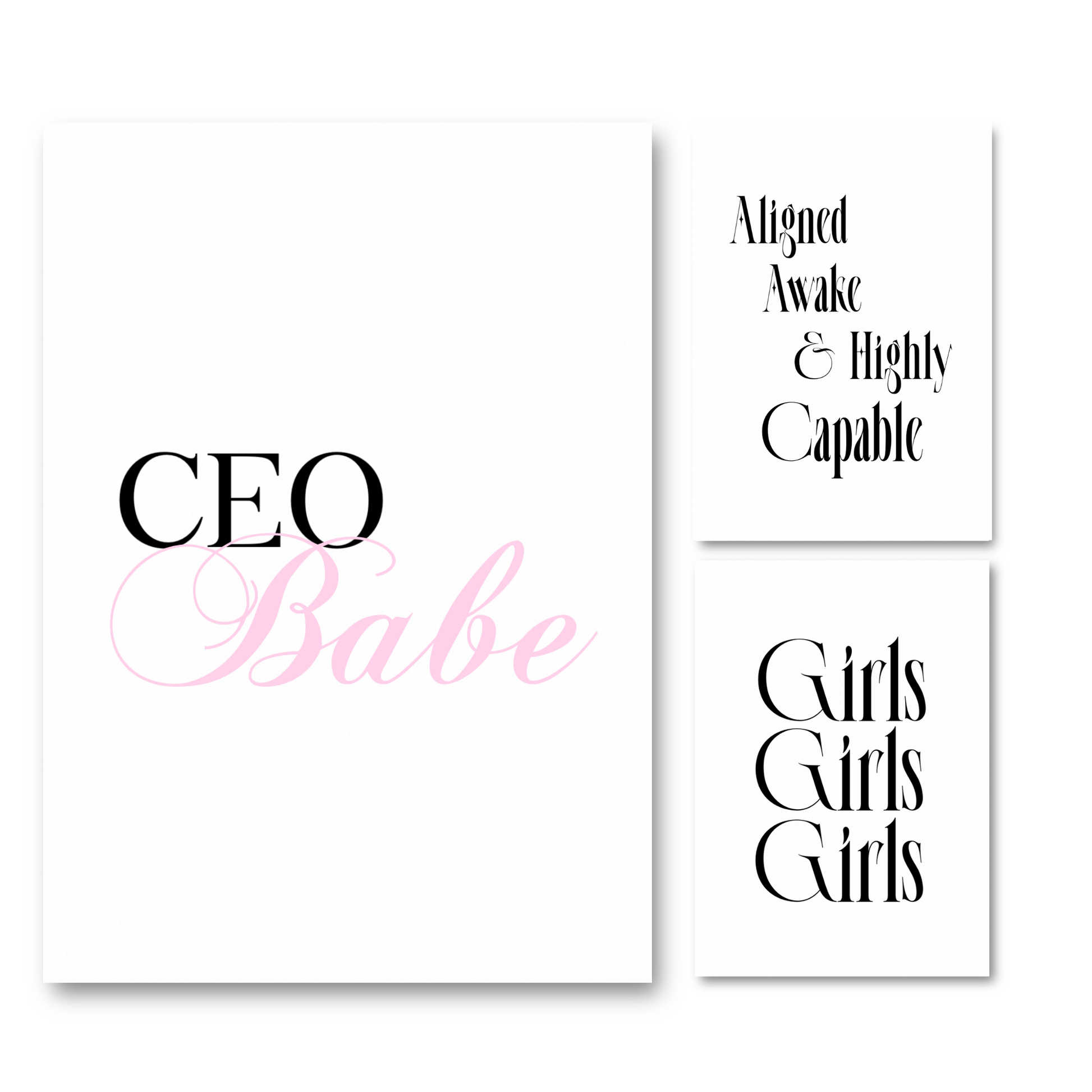 Set of three minimalist black and soft pink A4 typography prints focused on women's empowerment, mindset, and independent boss babe office decor.