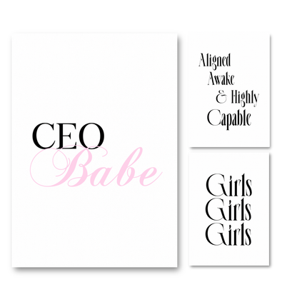 Set of three minimalist black and soft pink A4 typography prints focused on women's empowerment, mindset, and independent boss babe office decor.