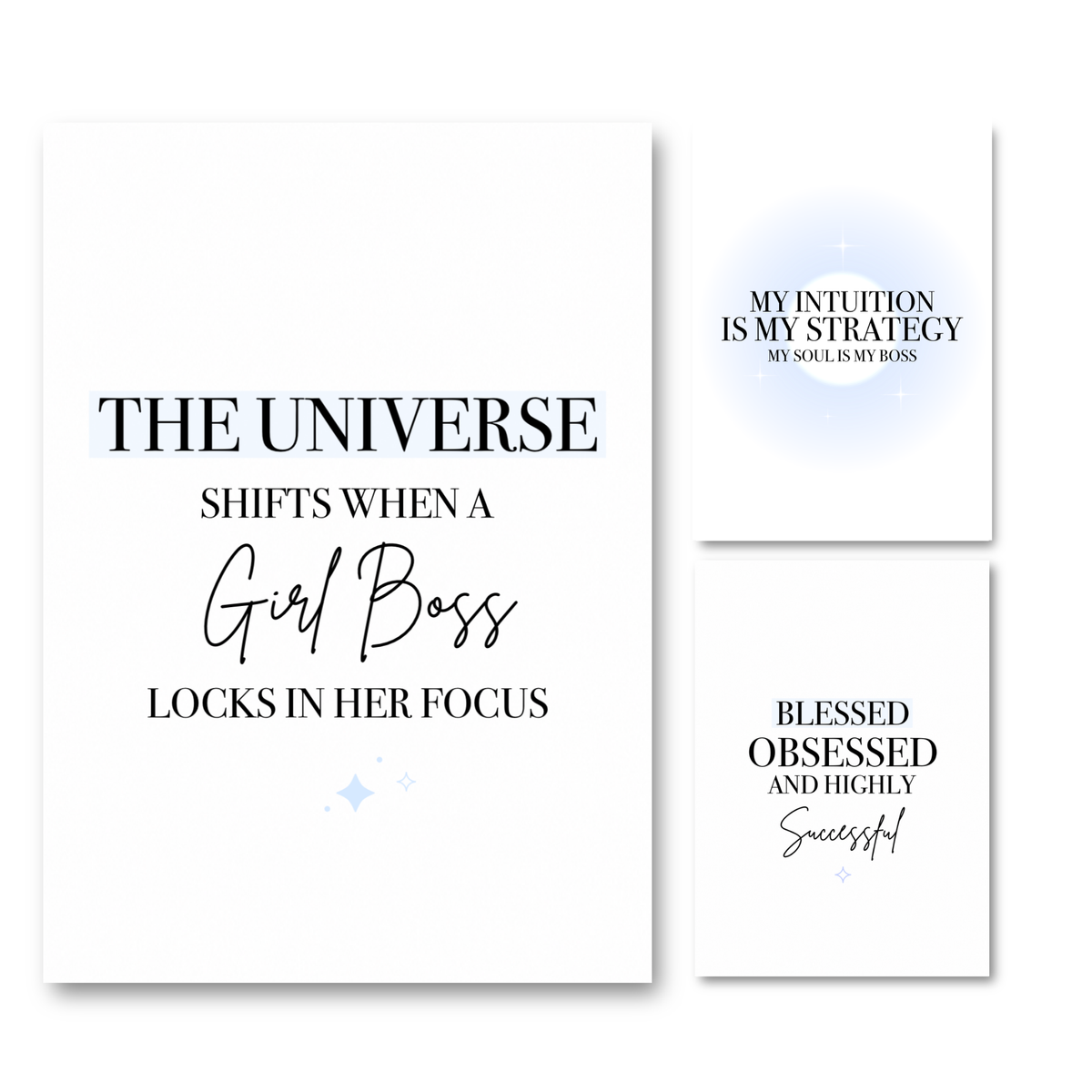 Three vertical monochrome A4 typography prints by Gypsy Soul Doll arranged in a gallery stack layout, featuring a mix of black serif text, cursive fonts, soft baby blue highlighter blocks, a blue aura gradient circle, and blue star accents over clean white backdrops.