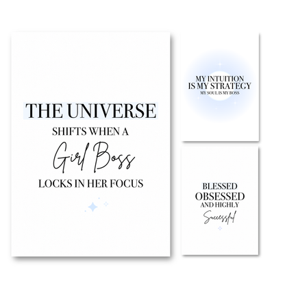Three vertical monochrome A4 typography prints by Gypsy Soul Doll arranged in a gallery stack layout, featuring a mix of black serif text, cursive fonts, soft baby blue highlighter blocks, a blue aura gradient circle, and blue star accents over clean white backdrops.