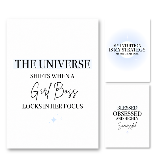 Three vertical monochrome A4 typography prints by Gypsy Soul Doll arranged in a gallery stack layout, featuring a mix of black serif text, cursive fonts, soft baby blue highlighter blocks, a blue aura gradient circle, and blue star accents over clean white backdrops.