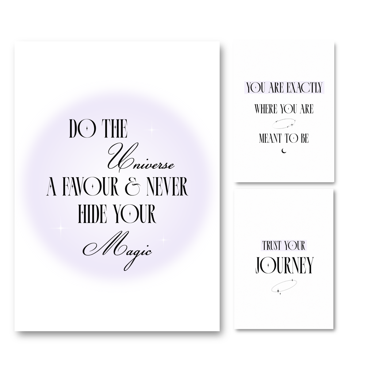 Cosmic Aura print set featuring purple gradient aura graphics and white minimalist celestial A4 posters for spiritual sanctuary wall decor by Gypsy Soul Doll.