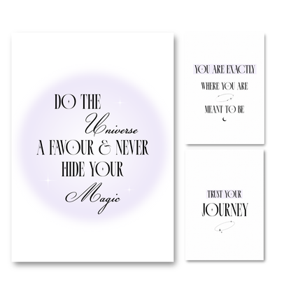 Cosmic Aura print set featuring purple gradient aura graphics and white minimalist celestial A4 posters for spiritual sanctuary wall decor by Gypsy Soul Doll.