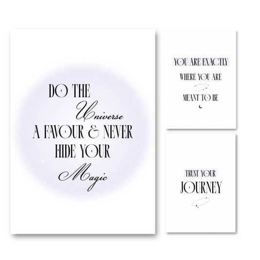 Cosmic Aura print set featuring purple gradient aura graphics and white minimalist celestial A4 posters for spiritual sanctuary wall decor by Gypsy Soul Doll.