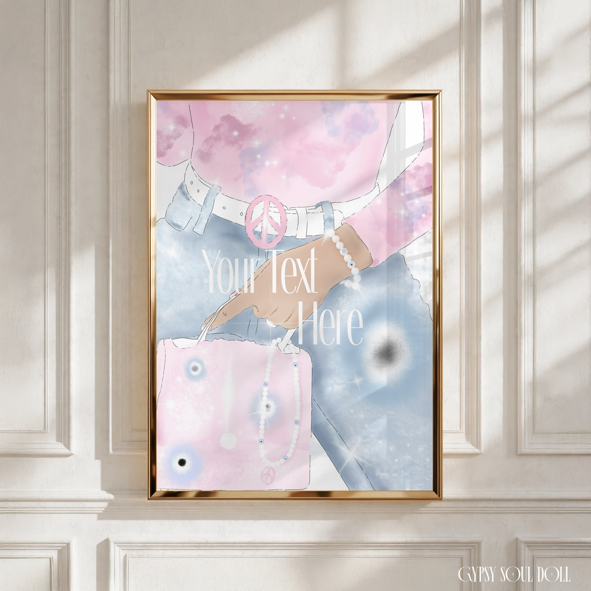 A customizable Y2K-inspired fashion illustration print featuring pastel pink aura clouds, watercolour denim, evil eye charms, and a custom text block by Gypsy Soul Doll.