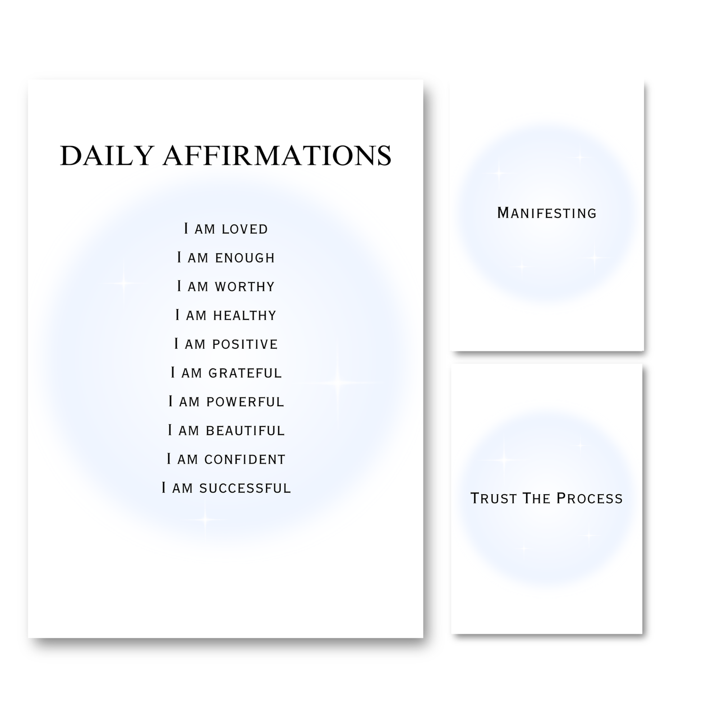 Set of three minimalist typography prints featuring a glowing pastel blue aura background with daily manifestation affirmations and spiritual quotes.