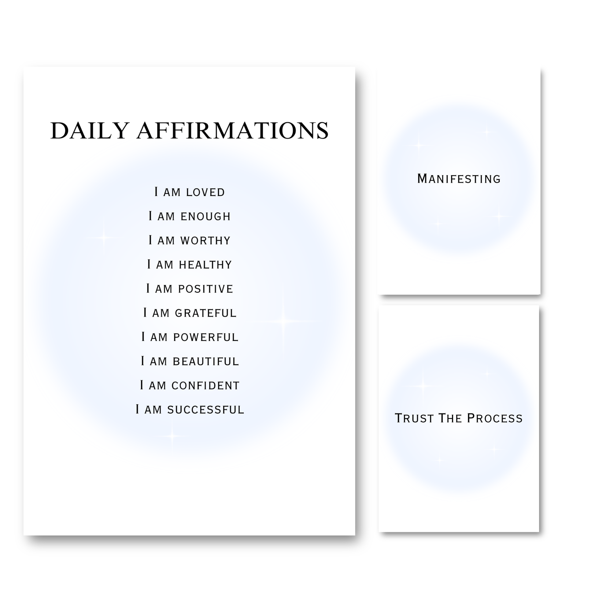 Set of three minimalist typography prints featuring a glowing pastel blue aura background with daily manifestation affirmations and spiritual quotes.