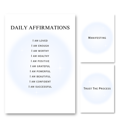 Set of three minimalist typography prints featuring a glowing pastel blue aura background with daily manifestation affirmations and spiritual quotes.