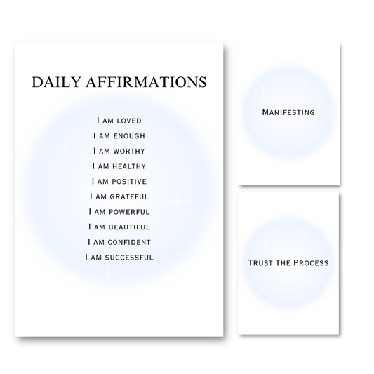 Set of three minimalist typography prints featuring a glowing pastel blue aura background with daily manifestation affirmations and spiritual quotes.