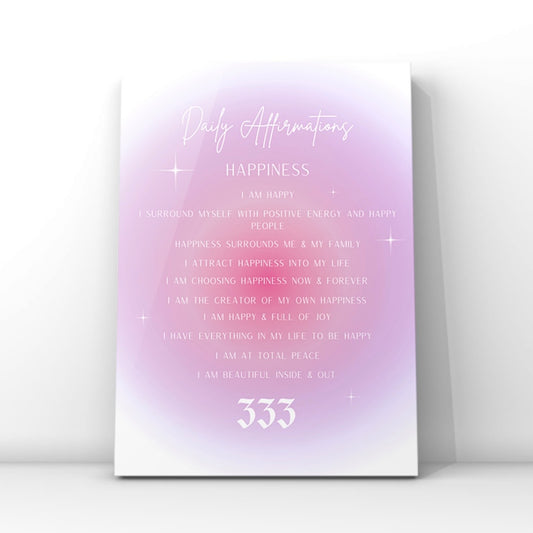 A4 poster print featuring happiness and joy affirmations neatly arranged on a purple and pink radial aura gradient background with a bold white 333 angel number at the bottom.