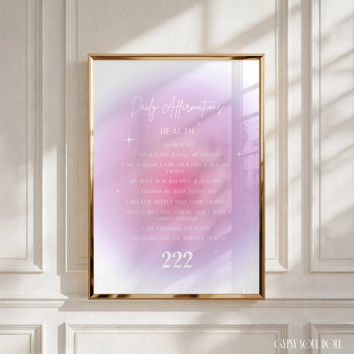 A4 poster print featuring health and energy affirmations on a purple and pink radial aura gradient background with a bold white 222 angel number at the bottom by Gypsy Soul Doll.