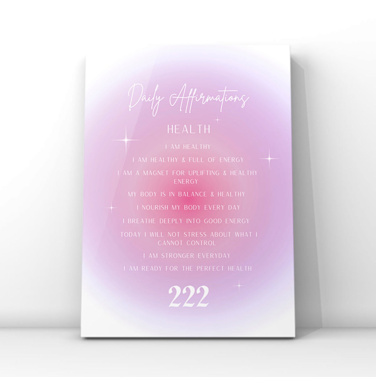 A4 poster print featuring health and energy affirmations on a purple and pink radial aura gradient background with a bold white 222 angel number at the bottom by Gypsy Soul Doll.