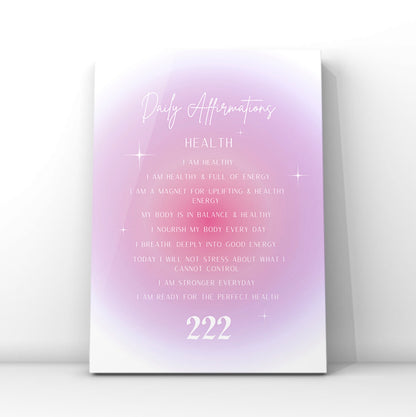 A4 poster print featuring health and energy affirmations on a purple and pink radial aura gradient background with a bold white 222 angel number at the bottom by Gypsy Soul Doll.