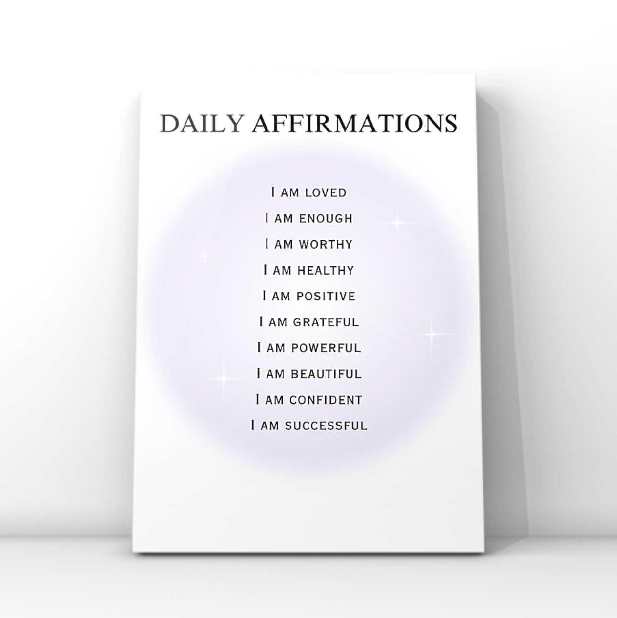 Minimalist A4 print showing a list of positive daily affirmations including I Am Loved, Enough, Worthy, and Successful over a glowing purple aura background.
