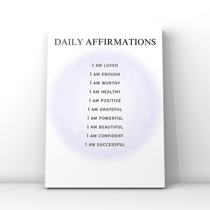 Minimalist A4 print showing a list of positive daily affirmations including I Am Loved, Enough, Worthy, and Successful over a glowing purple aura background.
