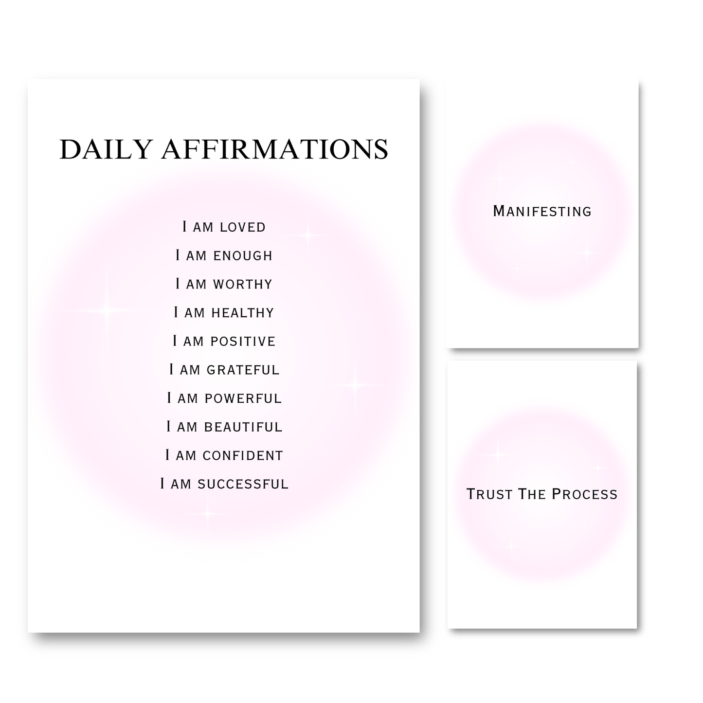 Set of three minimalist typography prints featuring a glowing pastel pink aura background with daily manifestation affirmations and spiritual quotes.