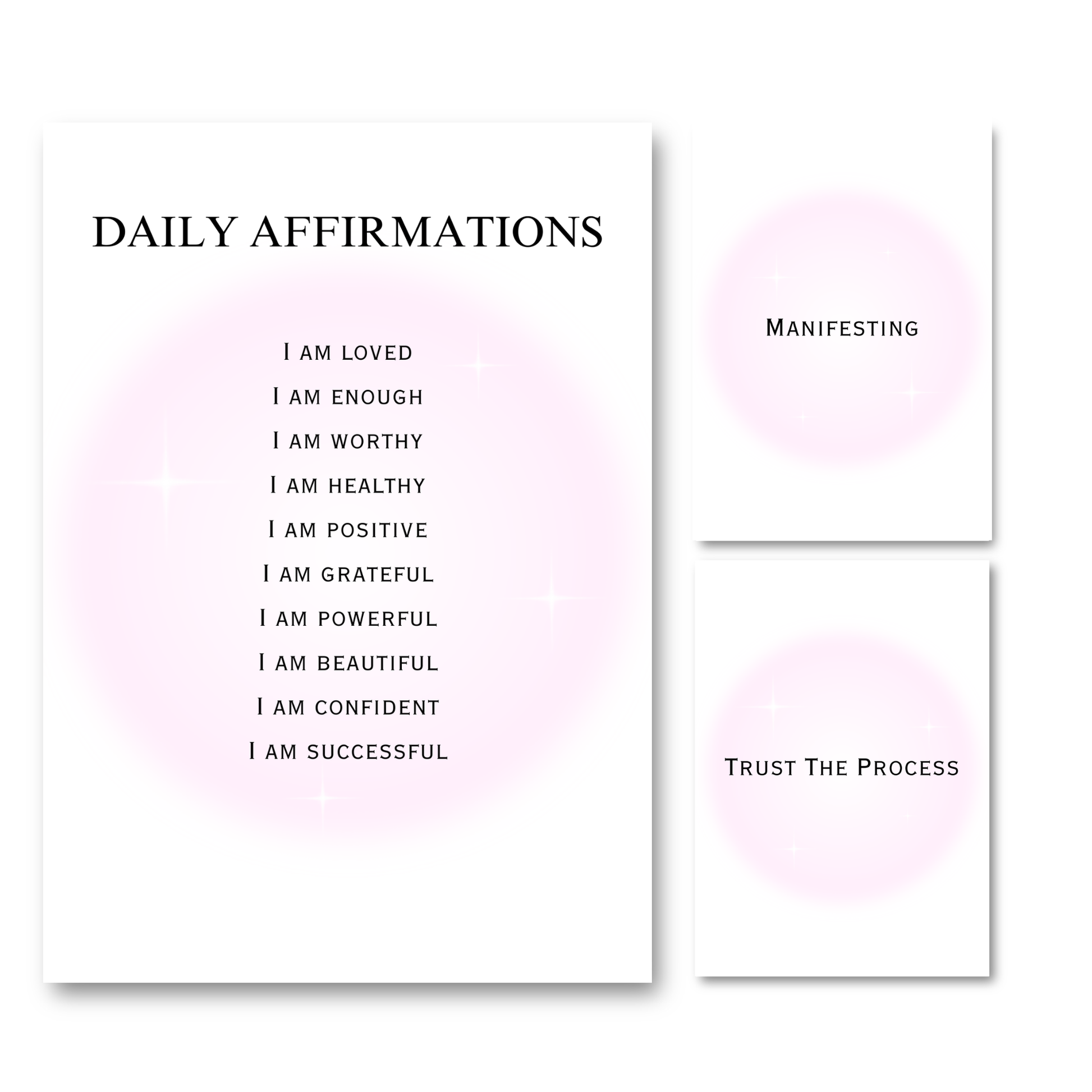 Set of three minimalist typography prints featuring a glowing pastel pink aura background with daily manifestation affirmations and spiritual quotes.