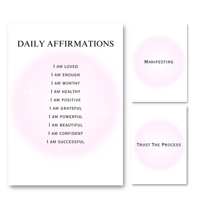 Set of three minimalist typography prints featuring a glowing pastel pink aura background with daily manifestation affirmations and spiritual quotes.