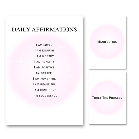 Set of three minimalist typography prints featuring a glowing pastel pink aura background with daily manifestation affirmations and spiritual quotes.