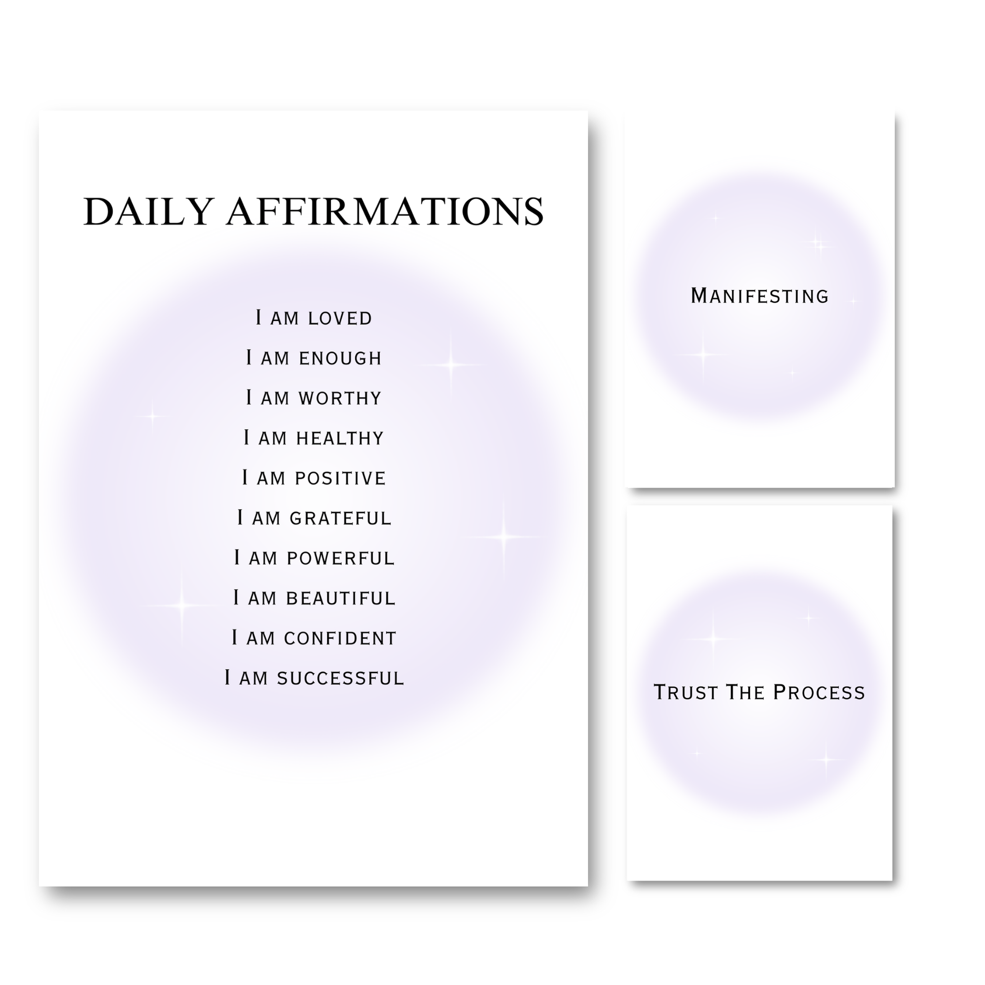 Set of three minimalist typography prints featuring a glowing pastel purple aura background with daily manifestation affirmations and spiritual quotes.