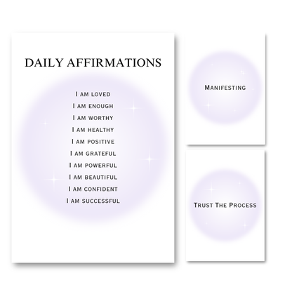 Set of three minimalist typography prints featuring a glowing pastel purple aura background with daily manifestation affirmations and spiritual quotes.