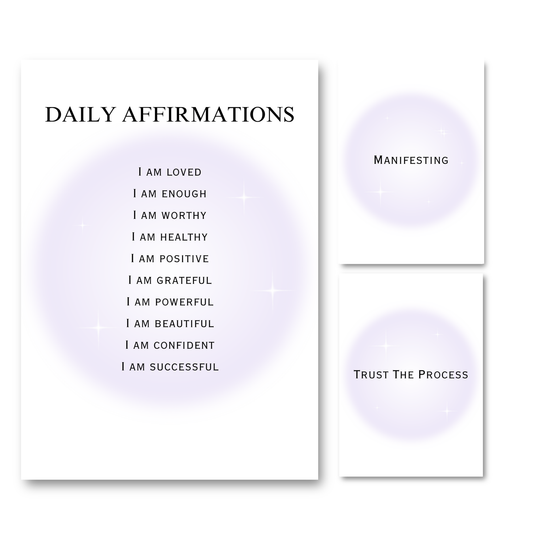 Set of three minimalist typography prints featuring a glowing pastel purple aura background with daily manifestation affirmations and spiritual quotes.