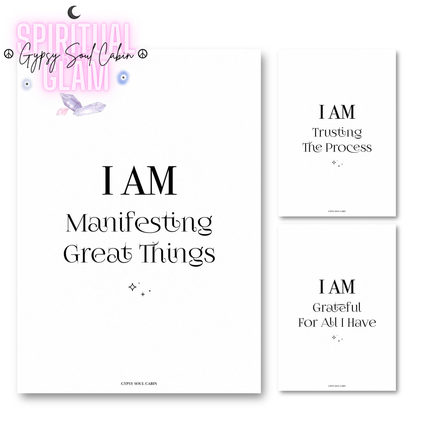Set of three minimalist black and white A4 typography prints featuring the manifestation quotes I Am Trusting The Process, I Am Grateful For All I Have, and I Am Manifesting Great Things.