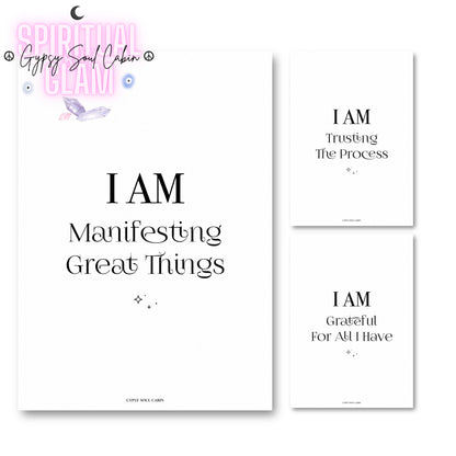 Set of three minimalist black and white A4 typography prints featuring the manifestation quotes I Am Trusting The Process, I Am Grateful For All I Have, and I Am Manifesting Great Things.